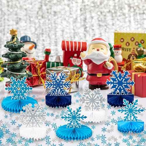 Frozen Winter Wonderland Party Decorations - 12pcs Blue White Snowflake Honeycomb Table Centerpieces and 600pcs Snowflake Confetti for Christmas Holiday Winter Birthday Baby Shower Party Supplies