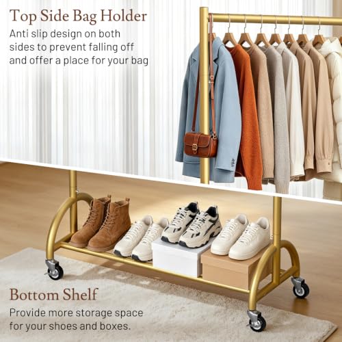 Heavy Duty Gold Clothing Rack with Wheels - Stable Garment Organizer, 66"H