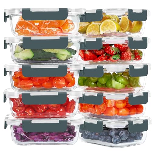 KOMUEE 10-Pack 22 oz Glass Meal Prep Containers - Gray, Airtight & Oven Safe