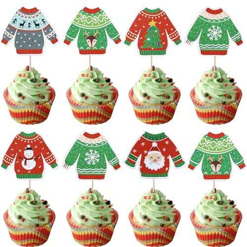 Rsstarxi 36 Pack Ugly Sweater Cupcake Toppers Deer Santa Claus Christmas Cupcake Picks Decoration Ugly Sweater Party Cake Decorations for Merry Christmas Xmas Party Decorations