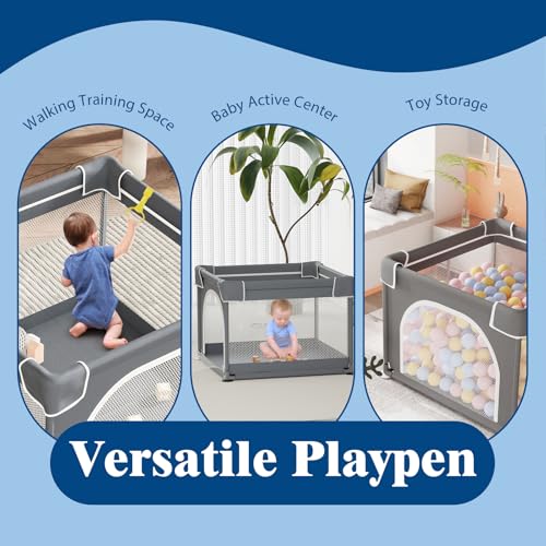 Jixrolyn 36x36 Inch Baby Playpen Dark Grey, Breathable Mesh Toddler Play Yard with Anti-Slip Base