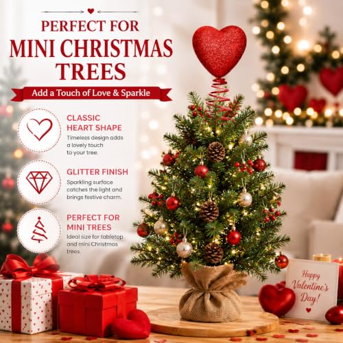 Red Heart Christmas Tree Topper, Glitter Mini Holiday Decoration