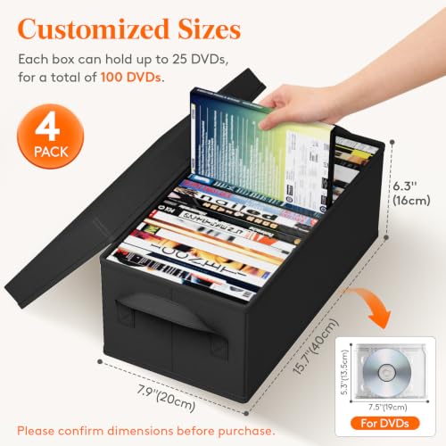 Lifewit 4 Pack DVD Storage Box Set with Lid - Stackable, Holds 100 DVDs, 15.7 x 7.9 x 6.3 Inches
