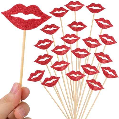 Amosfun 20pcs Red Lips Photo Booth Props Tea Party Decorations Glitter Photo Props for Wedding Anniversary Birthday Party Cake Decoration