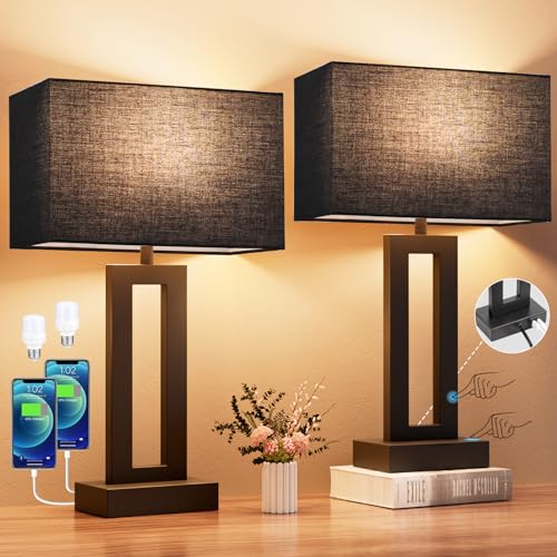 Seealle Medium Set of 2 Nightstand Table Lamps with USB-C & A, 3-Way Dimmable, Black, 19.6in