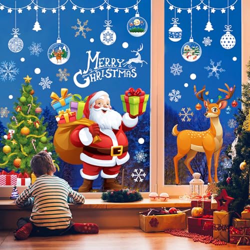 140pcs Christmas Window Clings Cute Christmas Decorations Large Santa Claus Christmas Tree Decorations 13 Sheets Snowflake Reindeer Xmas Stickers Door Decor Wall Decal Winter Glass Holiday Party
