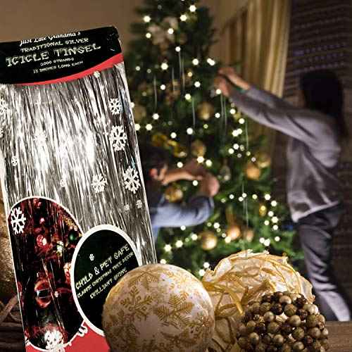 Premium Icicle Tinsel Strands for Christmas Tree - 2000 Old-Fashioned Silver Icicles Garland for Xmas Trees Shiny Mylar - Each Strand 18 in. - Kid Pet Safe (Lead-Free) - Hang with Ornaments & Decor