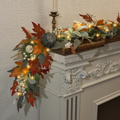 Zmtyykh 6ft Orange Fall Garland with Lights & Timer for Indoor Outdoor Decor