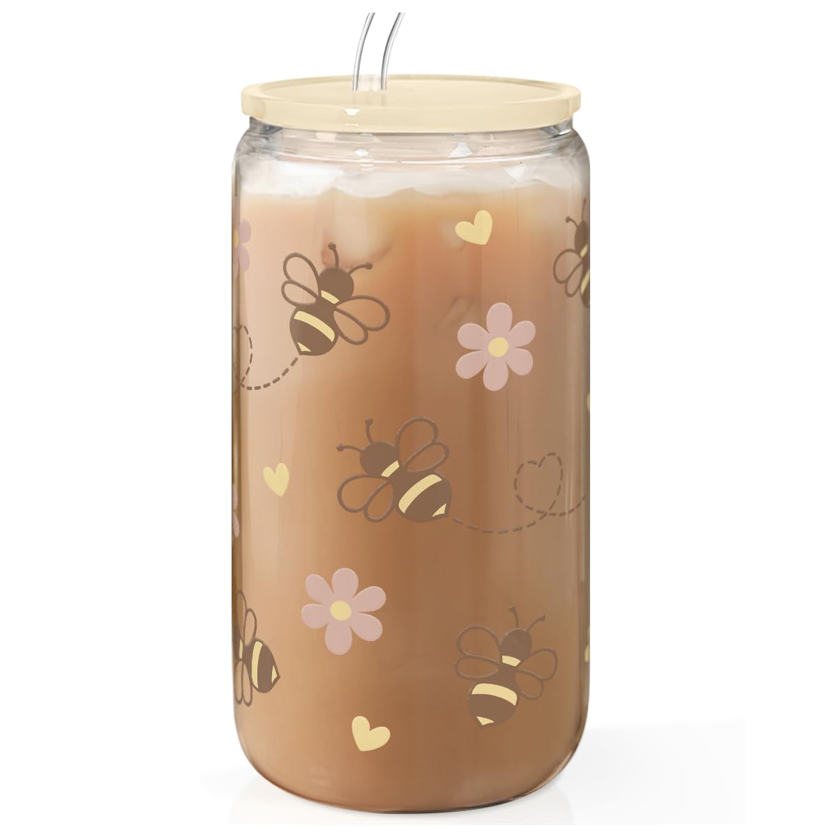 SANDJEST Bee 16oz Can Glass Tumbler with Acrylic Lid & Straw - Iced Coffee Cup for Women Girls, Aesthetic Cups Gifts for Birthday Christmas