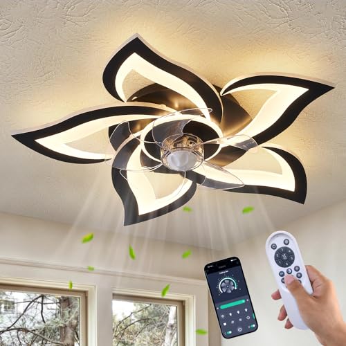 24-Inch Black Flower Ceiling Fan with Lights & Remote, Dimmable LED Modern Flush Mount Fan for Bedrooms & Kitchen