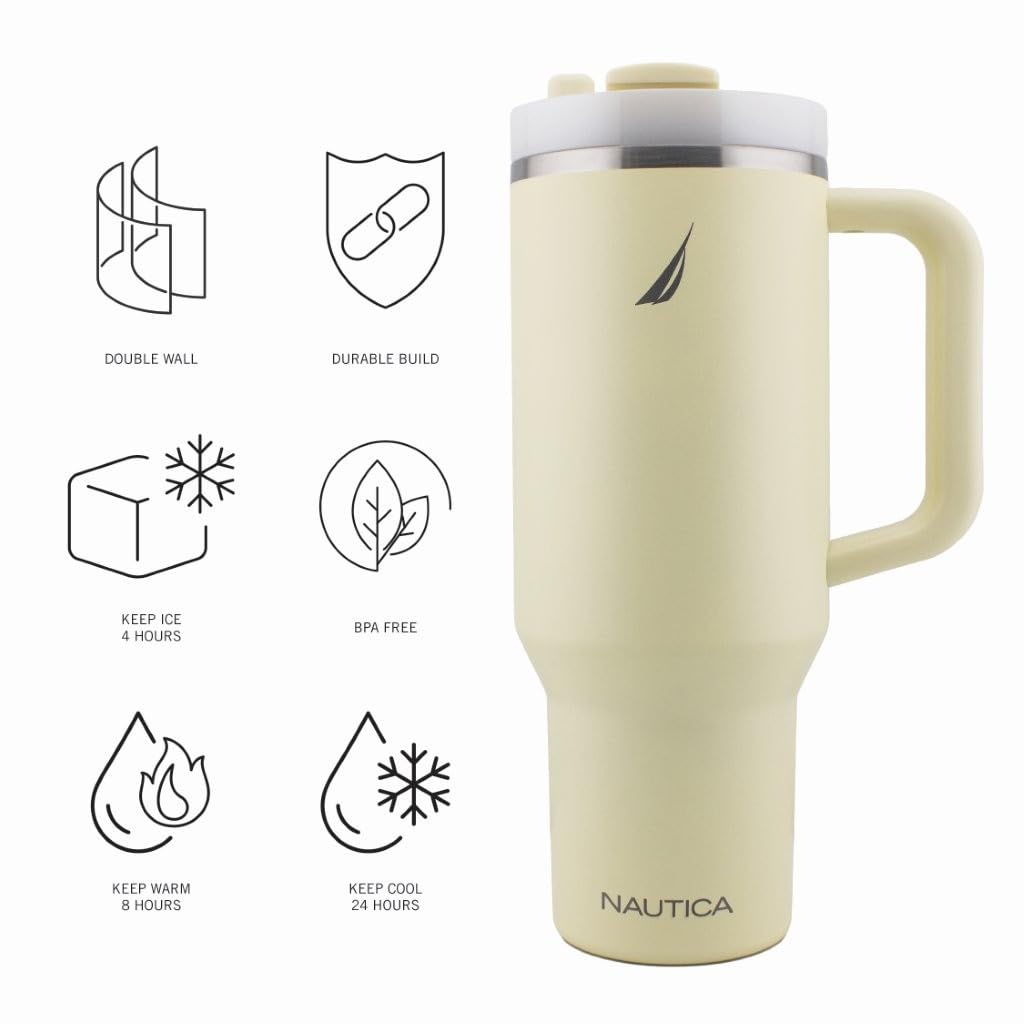 Nautica 40 oz Large Insulated Tumbler with Handle & Straw with screw on cap, Reusable Water Bottle Stainless Steel Travel Mug for Hot Cold or Iced Drink, BPA-Free, Fits Car Cup Holders (Light Yellow)