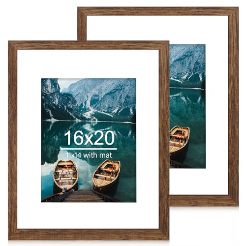 16x20 Picture Frame Set of 2 - Rustic Brown Wood Style for 11x14 Mat - Vertical & Horizontal Display