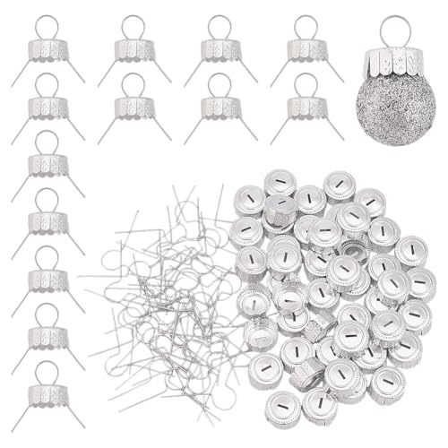 Arricraft Silver Round Christmas Ornament Caps 100 Sets with Removable Hangers