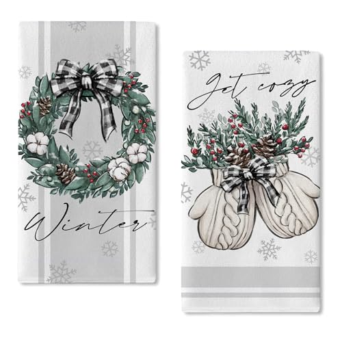 Seliem Winter Wreath Glove Kitchen Dish Towels Set of 2, Get Cozy