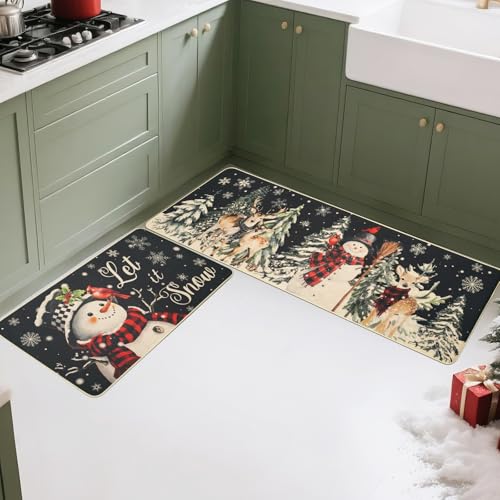 MEHOFOND Christmas Kitchen Rugs Set of 2 Black Snowflake Snowman Deer Winter Holiday Floor Mats, 17x29 & 17x47 Inches