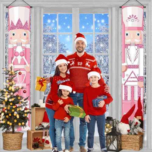 Lofaris Pink Nutcracker Christmas Porch Banner ? Welcome Hanging Sign for Indoor and Outdoor Decoration, Home Party, and Birthday Supplies