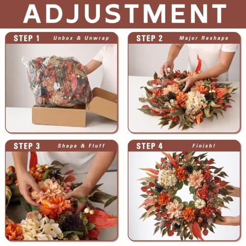 24 Inch Artificial Silk Hydrangea Fall Wreath for Front Door Decor