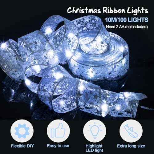 Ouddy Life 32ft Christmas Ribbon Fairy Lights, 100 LED Lights Silver Ribbon for Christmas Tree Wired Double Layer Mesh, Outdoor Indoor New Year Holiday Christmas Tree Decorations Wrapping Xmas Garland