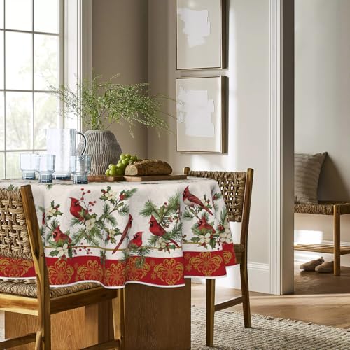Horaldaily Christmas Tablecloth 60x60 Inch Round Red & Green Cardinal Bird