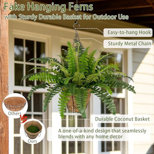Artificial Hanging Ferns Set - UV Resistant Outdoor Plants for Porch Garden