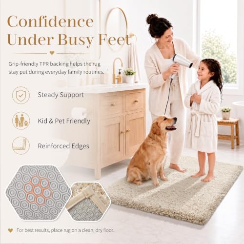 Yimobra Non Slip Washable Plush Bathroom Rug 36x24 Inches - Light Beige & White