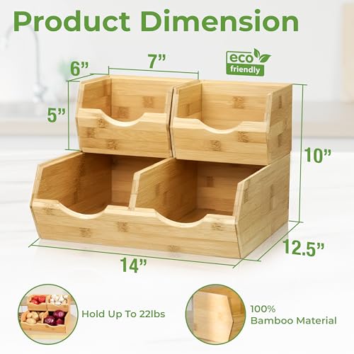 Medium Bamboo Pantry Storage Bins Set of 3 Stackable Fruit & Vegetable Organizer