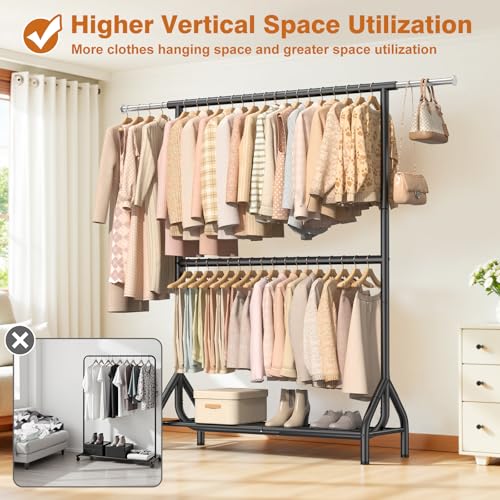 Heavy Duty Double Rod Clothing Rack - 82.68 Inch Garment Organizer with Shelves, Black, Supports 622 lbs