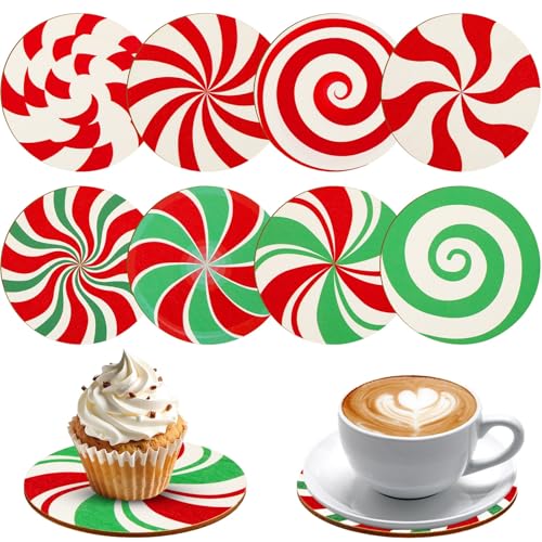 UPINS 8 Pcs Christmas Coasters for Drinks,Wooden Christmas Drink Coasters Red and Green Candy Pattern Table Coasters Holiday Xmas Decor for Home Party Gift