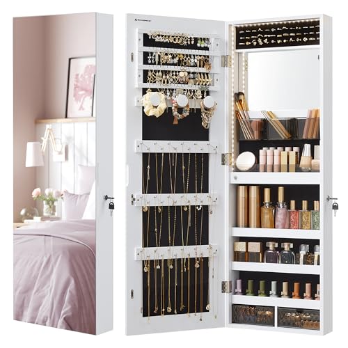 SONGMICS White 42.5-Inch Lighted Jewelry Armoire Mirror Wall or Door Mount