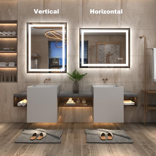 OKPAL Matte Black 24x32 LED Bathroom Mirror with Front & Backlit Dimmable Anti-Fog