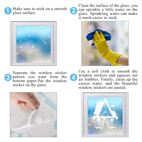 JarThenaAMCS 13.8x35.4'' Extra Large Christmas Window Clings 4 Sheets - White Houses & Snowflakes Double-Sided