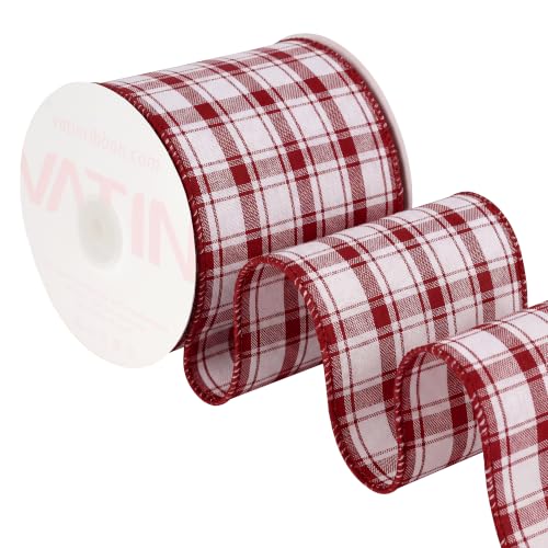 VATIN Red White Gingham Wired Ribbon 4" x 10yd - Christmas Tree & Gift Ribbon - White & Dark Red