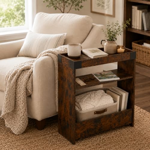 Rustic Brown Narrow Side Table with Tray Top - 8" Slim End Table