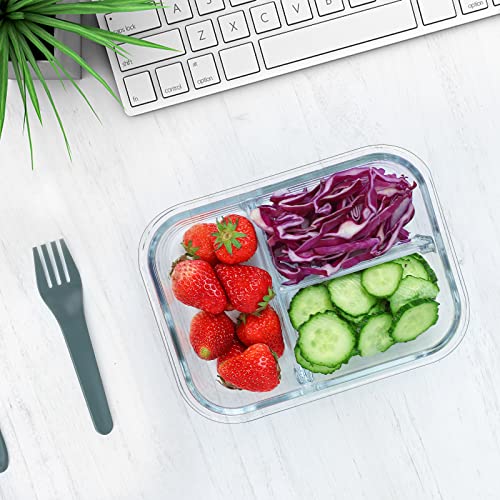 Gray 5 Pack 36oz Borosilicate Glass Meal Prep Containers with 3 Compartments & Airtight Lids