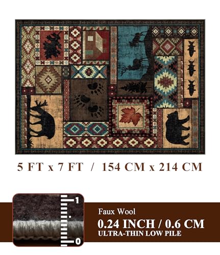 YIHOUSE 5x7 Brown Washable Rustic Cabin Area Rug - Non-Slip, Pet Friendly