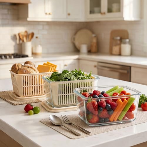Urban Green Ivory White Glass Food Storage Containers Set with Lids & Colanders, 60oz, Leakproof, Microwave Safe, BPA Free - 2 Pack