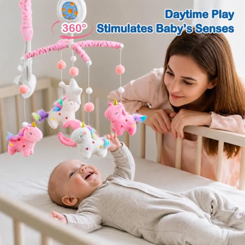 Pink & White Unicorn Baby Crib Mobile with Music Box - 100+ Lullabies & Starry Sky Projection