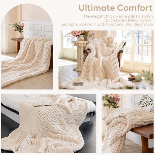 Chunky Knit Throw Blanket for Couch 40x50 Inches Cream - Handwoven Chenille Warm Blanket