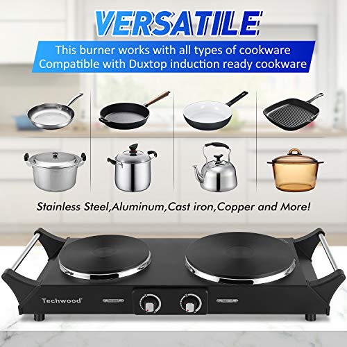 Portable Double Burner Hot Plate 1800W - Adjustable Temp, Stay Cool Handles, Black