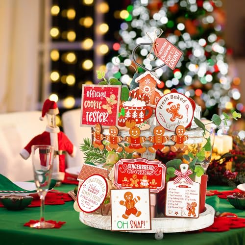 Draupnir 18 Pcs Christmas Tiered Tray Decor Set Winter Tiered Tray Gingerbread Christmas Decorations Farmhouse Tabletop Centerpiece Xmas Wooden 3D Sign Gingerbread Decor for Home Table