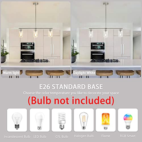 Brushed Nickel 3-Light Kitchen Island Pendant Light with Glass Shades - Adjustable Modern Linear Chandelier