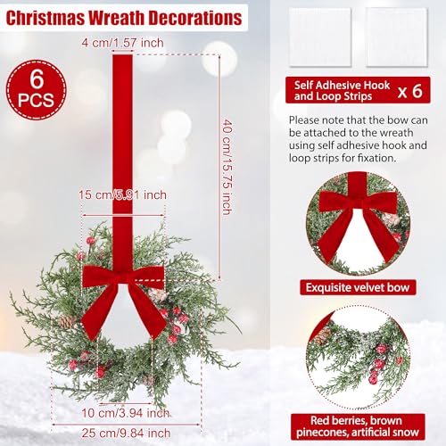 Aneco 6 Pcs Small Christmas Norfolk Wreaths with Red Velvet Bows - Holiday Door & Window Decor