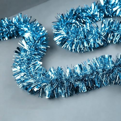 Light Blue 33ft Christmas Tinsel Garland - Shiny Metallic Twist Decor for Indoor/Outdoor