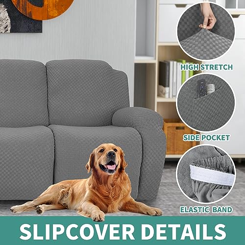 Light Gray 3-Seater Recliner Sofa Cover - 8-Piece Stretch Jacquard Fitted Slipcover with Side Pocket