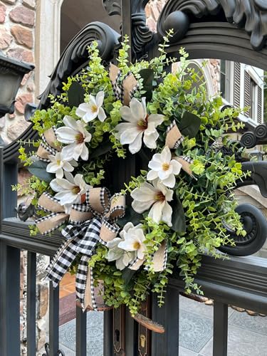24-Inch Magnolia Wreath with Buffalo Plaid Bow | Farmhouse Front Door Decor