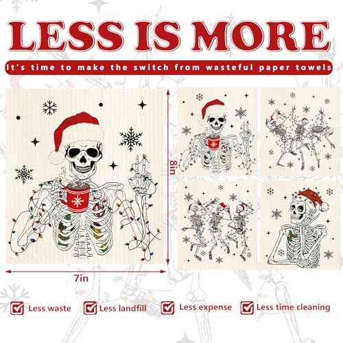 Whaline 4Pcs Christmas Swedish Dishcloth Xmas Dancing Skeleton Cotton Kitchen Towel Absorbent Dish Towel for Winter Holiday Housewarming Farmhouse, 7 x 8 Inch