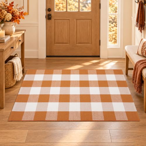 Caramel Buffalo Plaid Rug 3 x 5 ft for Entryway, Porch & Indoor Use - Farmhouse Style