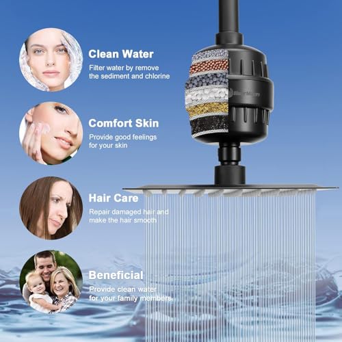 NearMoon Matte Black 8-Inch Square Filtered Rain Shower Head & Handheld Combo with 5 Settings, Self-Adhesive Holder & 1.5M Hose