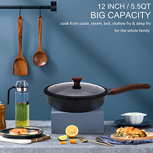 Nonstick Deep Frying Pan with Lid - 12 Inch, 5.5 Qt, Ceramic Coating, Heat Indicator, Induction Compatible