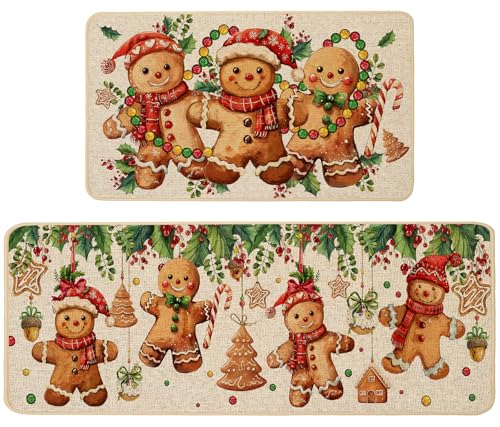 Baccessor Christmas Gingerbread Kitchen Rugs Set of 2 17x29 and 17x47 Non-Slip Mats